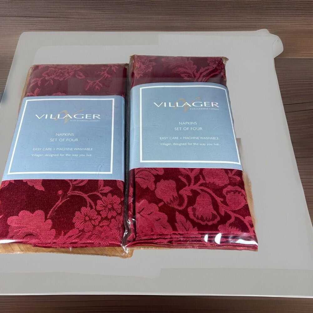 8 NEW Villager Liz Clairborne Red Floral Brocade Damask Napkins Cotton Polyester